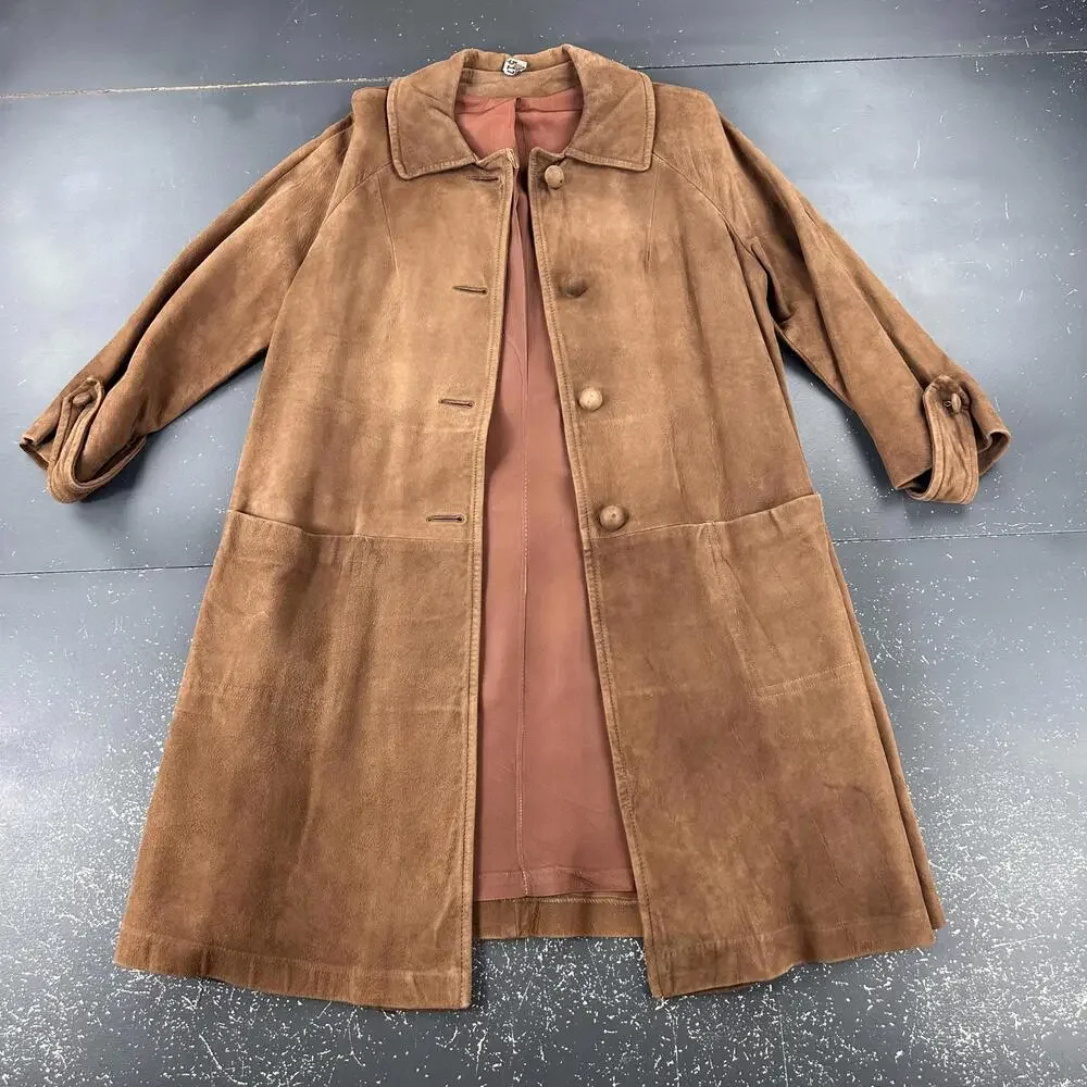 VTG Suede Leather Trench Coat Womens Med/LRG Brown Soft Duster Boho Chic 60's - Picture 2 of 10